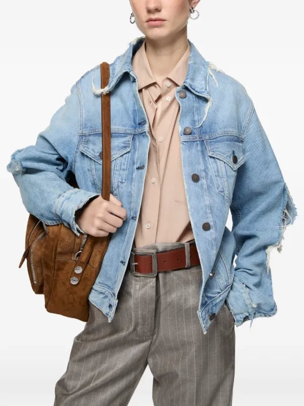 Oversized Distressed Denim Jacket Over Button Up Oversized Distressed Denim Jacket Over Button Up — Distressed Denim Jacket Outfits 2027
