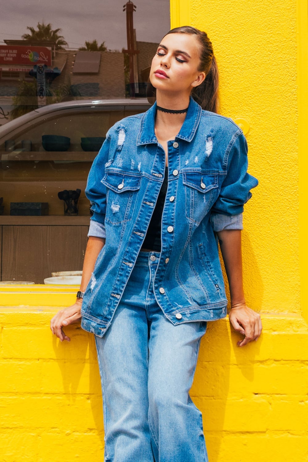 Distressed Denim Jacket With Black Top And Jeans Distressed Denim Jacket With Black Top And Jeans — Distressed Denim Jacket Outfits 2027