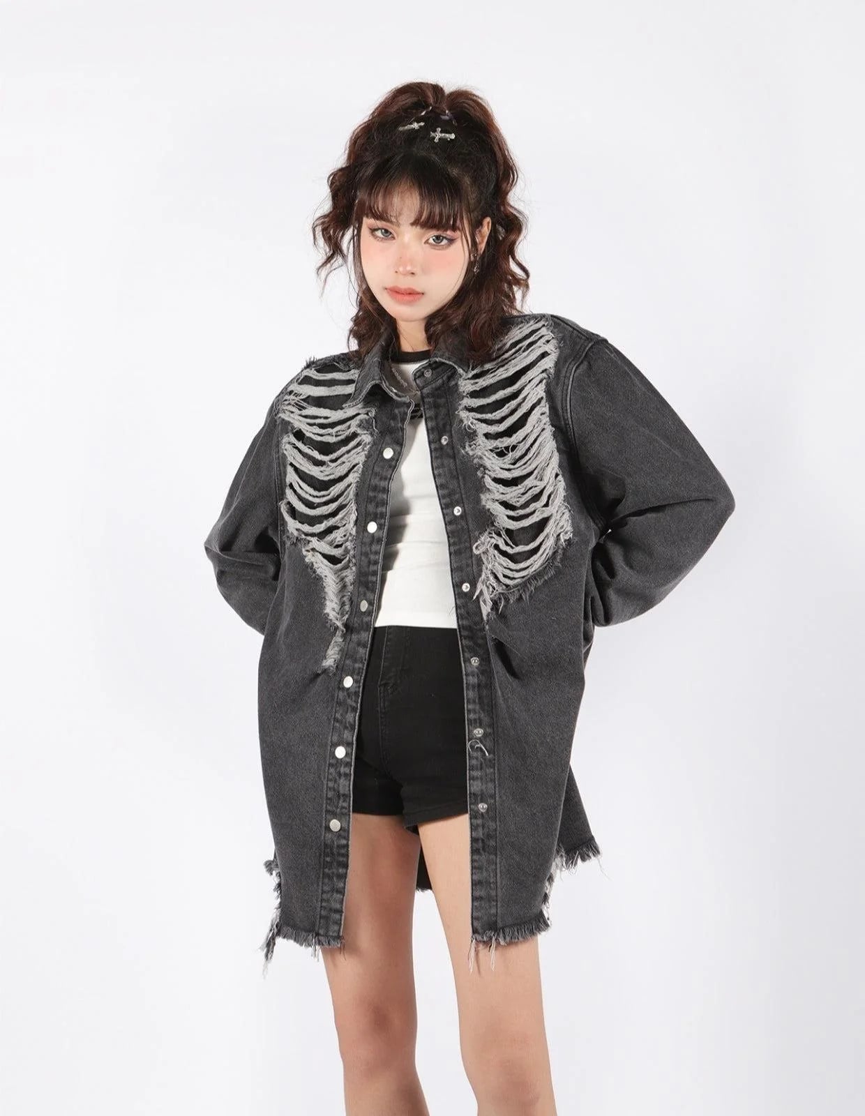 Oversized Skeleton Graphic Denim Jacket, White T-Shirt Oversized Skeleton Graphic Denim Jacket, White T-Shirt — Distressed Denim Jacket Outfits 2027