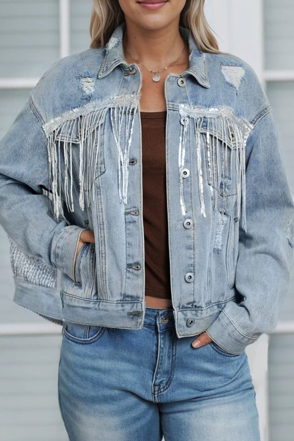 Distressed Denim Jacket With Sequin Fringe, Light Blue Distressed Denim Jacket With Sequin Fringe, Light Blue — Distressed Denim Jacket Outfits 2027