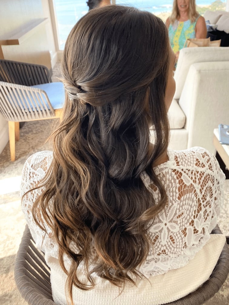 Mid-Back Dark Brown Half Up Twisted Waves Mid-Back Dark Brown Half Up Twisted Waves — Down Bachelorette Hairstyles 2027