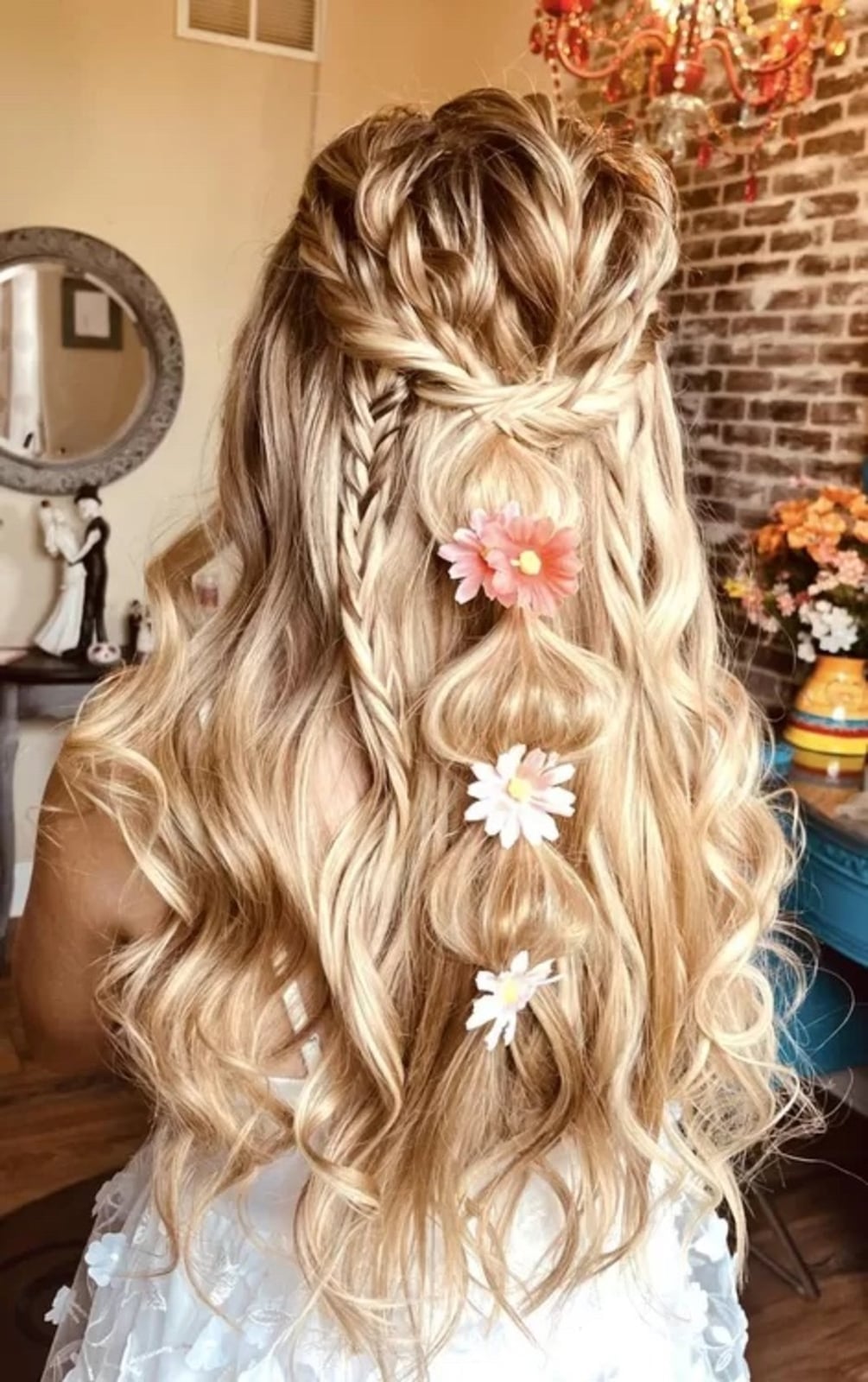 Mid-Back Warm Brown Wavy Ponytail Braid Accents Mid-Back Warm Brown Wavy Ponytail Braid Accents — Down Bachelorette Hairstyles 2027