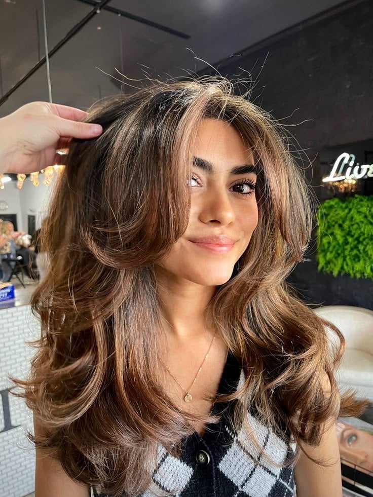 Collarbone Length Warm Brown With Curtain Bangs Collarbone Length Warm Brown With Curtain Bangs — Down Bachelorette Hairstyles 2027