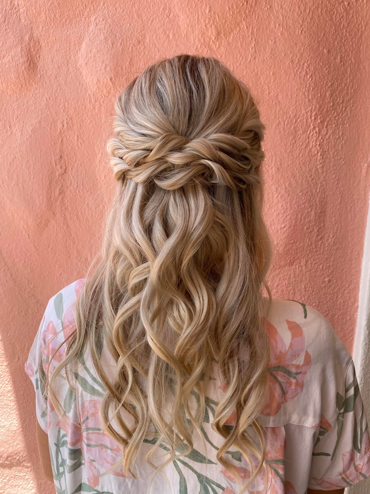 Mid-Back Blonde Braided Half Updo Waves, Wavy Mid-Back Blonde Braided Half Updo Waves, Wavy — Down Bachelorette Hairstyles 2027