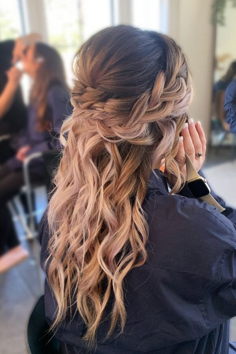 Mid-Back Ash Blonde Braided Half Up Waves, Long Layers Mid-Back Ash Blonde Braided Half Up Waves, Long Layers — Down Bachelorette Hairstyles 2027