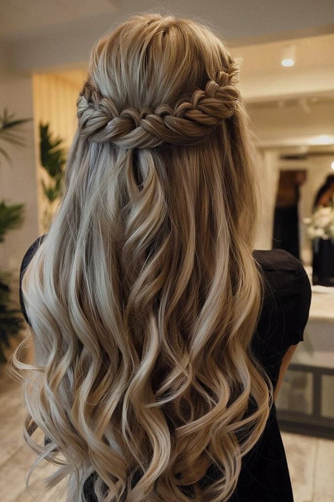 Mid-Back Honey Blonde Braided Updo Mid-Back Honey Blonde Braided Updo — Down Bachelorette Hairstyles 2027