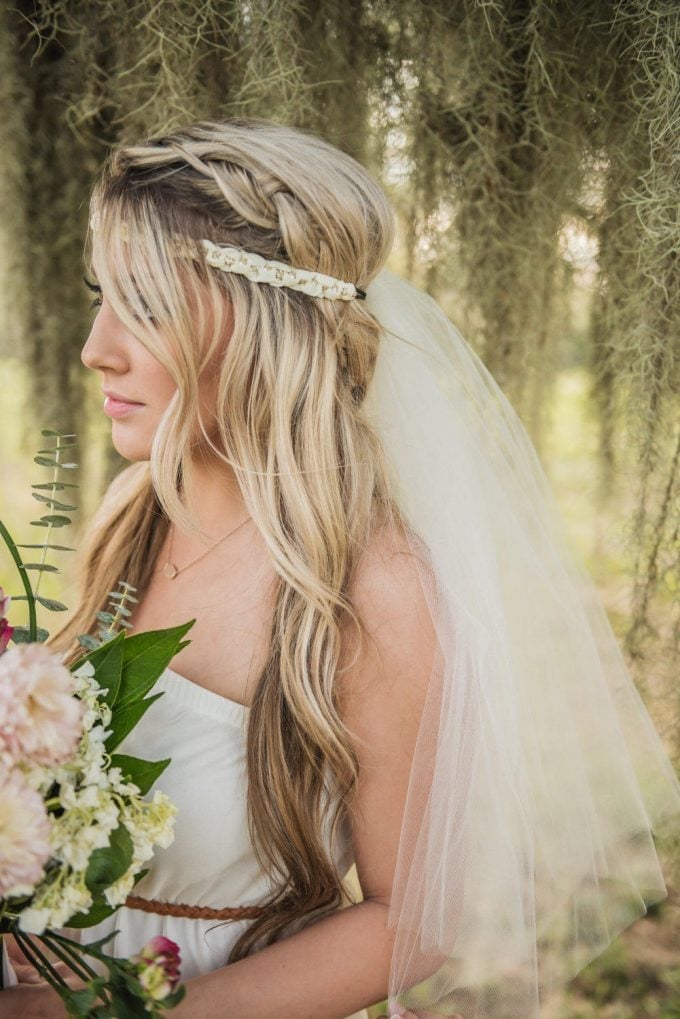 Mid-Back Blonde Braided Crown With Veil Mid-Back Blonde Braided Crown With Veil — Down Bachelorette Hairstyles 2027