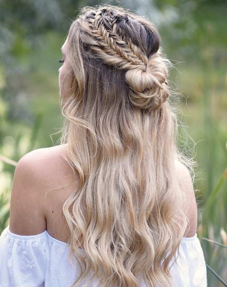 Mid-Back Blonde Intricate Braided Crown, Half Up Mid-Back Blonde Intricate Braided Crown, Half Up — Down Bachelorette Hairstyles 2027
