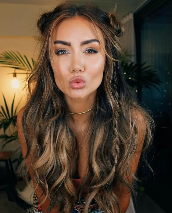 Collarbone Wavy Dark Blonde With Top Knots Collarbone Wavy Dark Blonde With Top Knots — Down Country Concert Hairstyles 2027