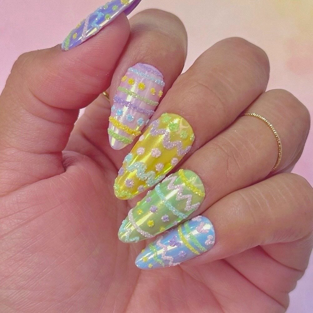 Long Almond Nails with 3D Textured Easter Eggs Long Almond Nails with 3D Textured Easter Eggs — Easter Egg Nails 2027