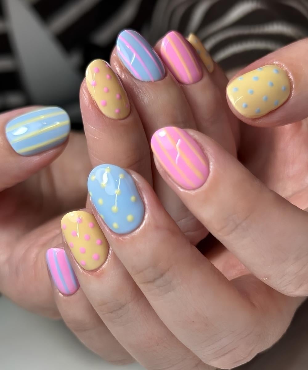 Short Oval Pastel Nails with Stripes and Dots Short Oval Pastel Nails with Stripes and Dots — Easter Egg Nails 2027