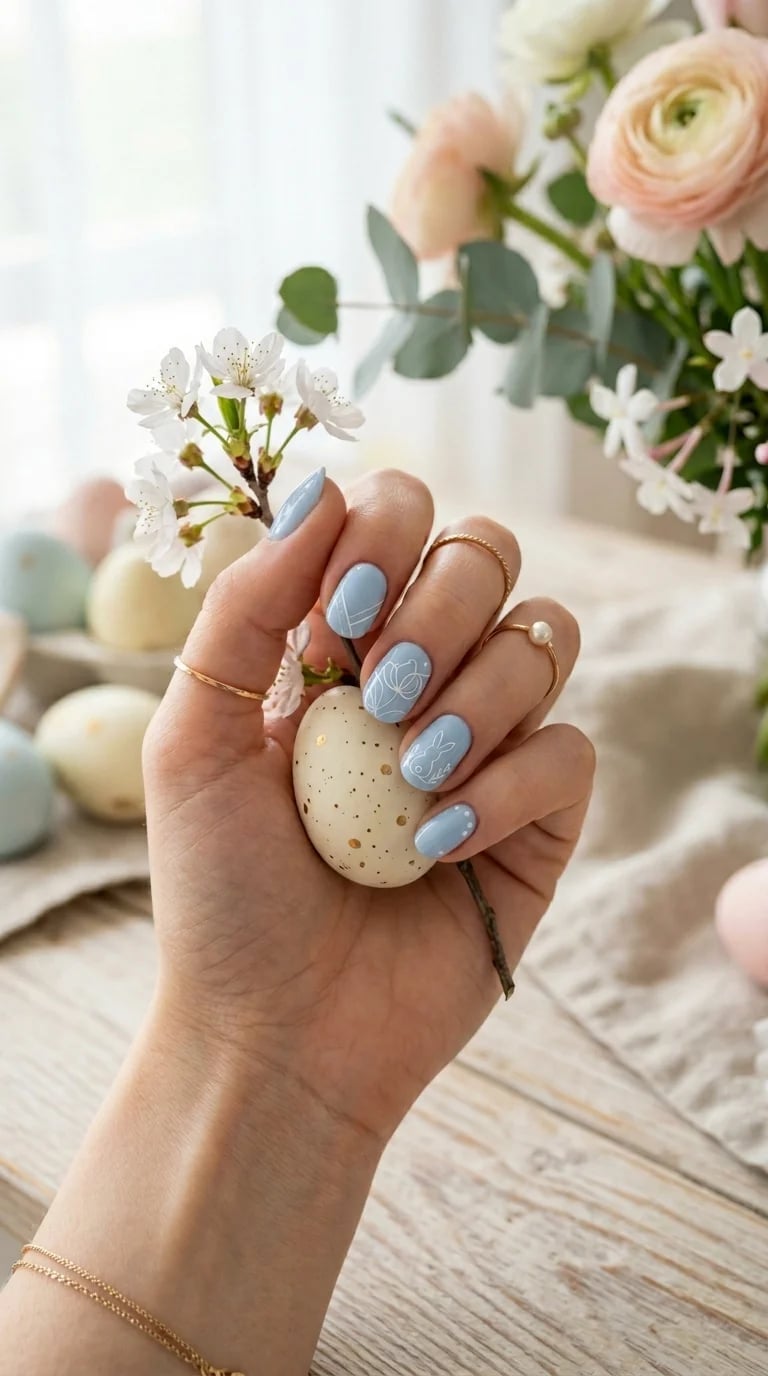Short Almond Light Blue Nails with Bunny Art Short Almond Light Blue Nails with Bunny Art — Easter Egg Nails 2027