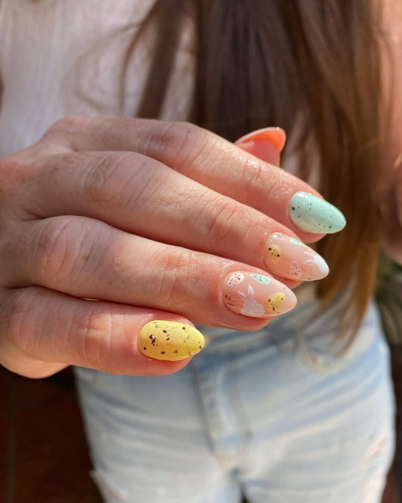 Short Almond Nails with Egg Pattern and Bunny Accents Short Almond Nails with Egg Pattern and Bunny Accents — Easter Egg Nails 2027