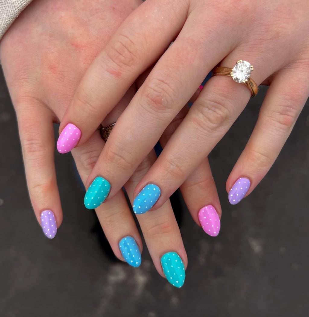 Medium Almond Pastel Nails with White Polka Dots Medium Almond Pastel Nails with White Polka Dots — Easter Egg Nails 2027