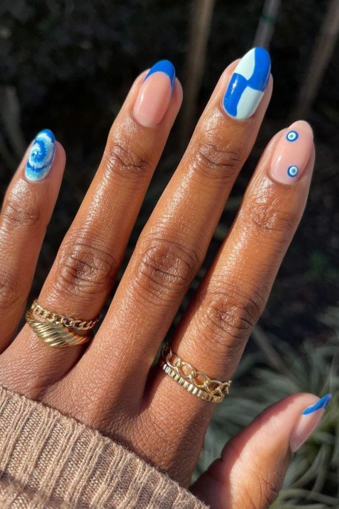 Electric Blue French Tip Evil Eye Medium Almond Nails Electric Blue French Tip Evil Eye Medium Almond Nails — Electric Blue Nails 2027