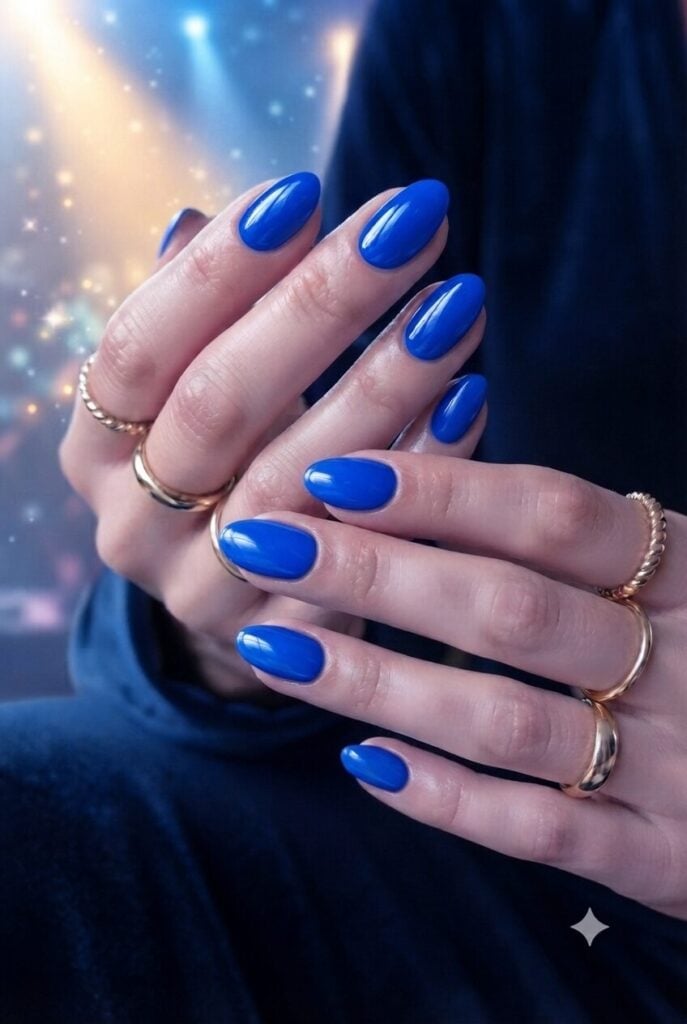 Vibrant Electric Blue Glossy Medium Almond Nails, Full Cover Vibrant Electric Blue Glossy Medium Almond Nails, Full Cover — Electric Blue Nails 2027