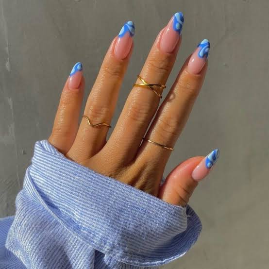 Abstract Electric Blue Swirls Medium Almond Nails Abstract Electric Blue Swirls Medium Almond Nails — Electric Blue Nails 2027
