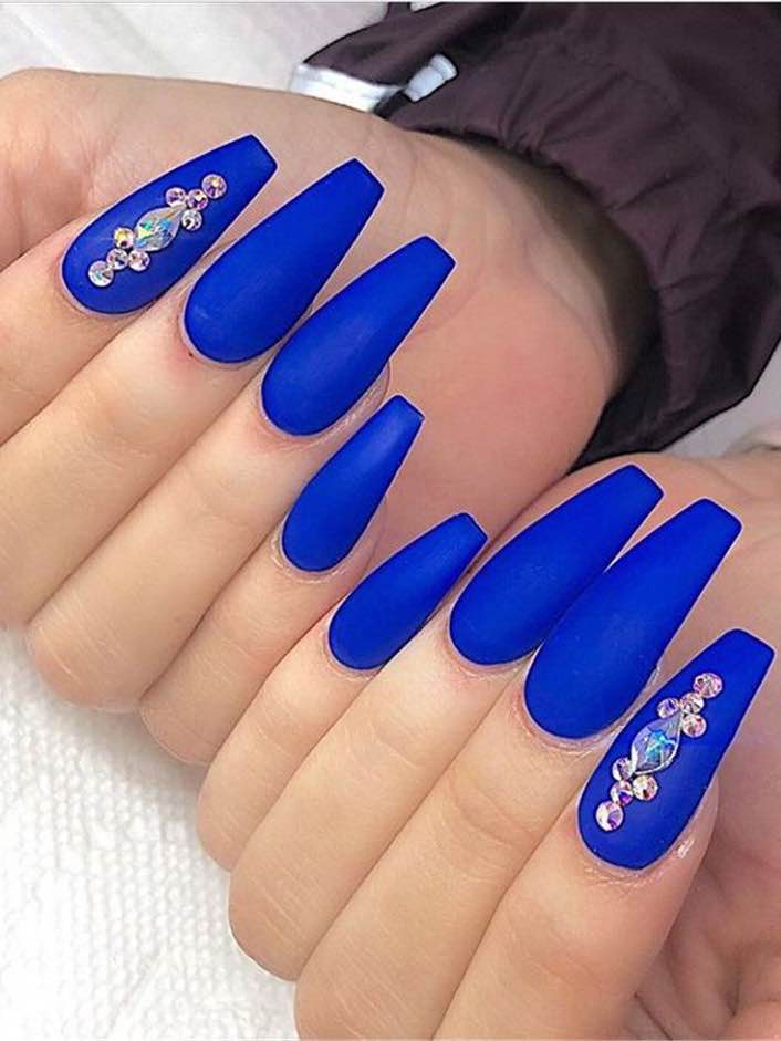 Matte Electric Blue Long Coffin Nails with Rhinestones Matte Electric Blue Long Coffin Nails with Rhinestones — Electric Blue Nails 2027