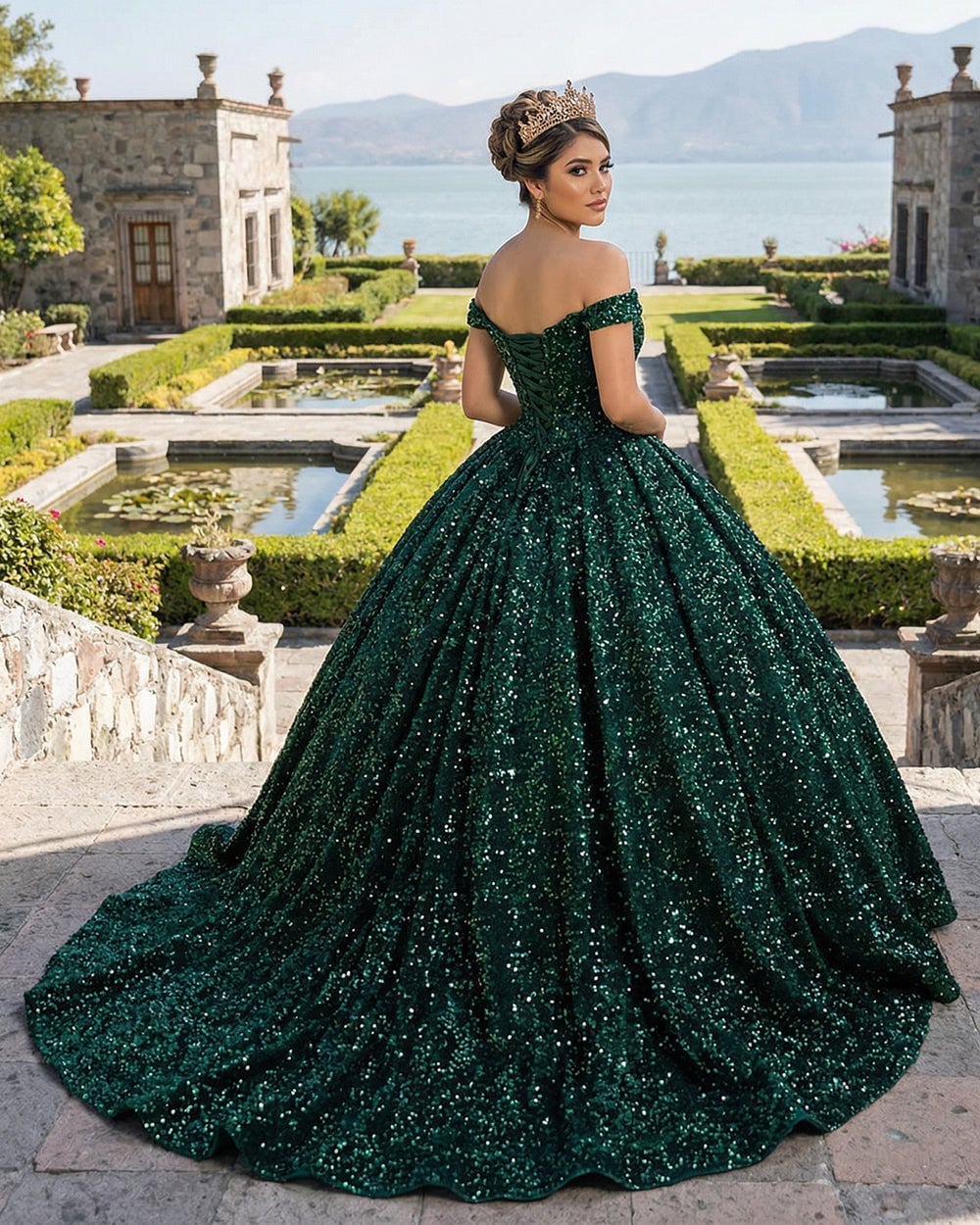 Sequined ball gown with full skirt and train Sequined ball gown with full skirt and train — Emerald Green Quinceanera Dress 2027