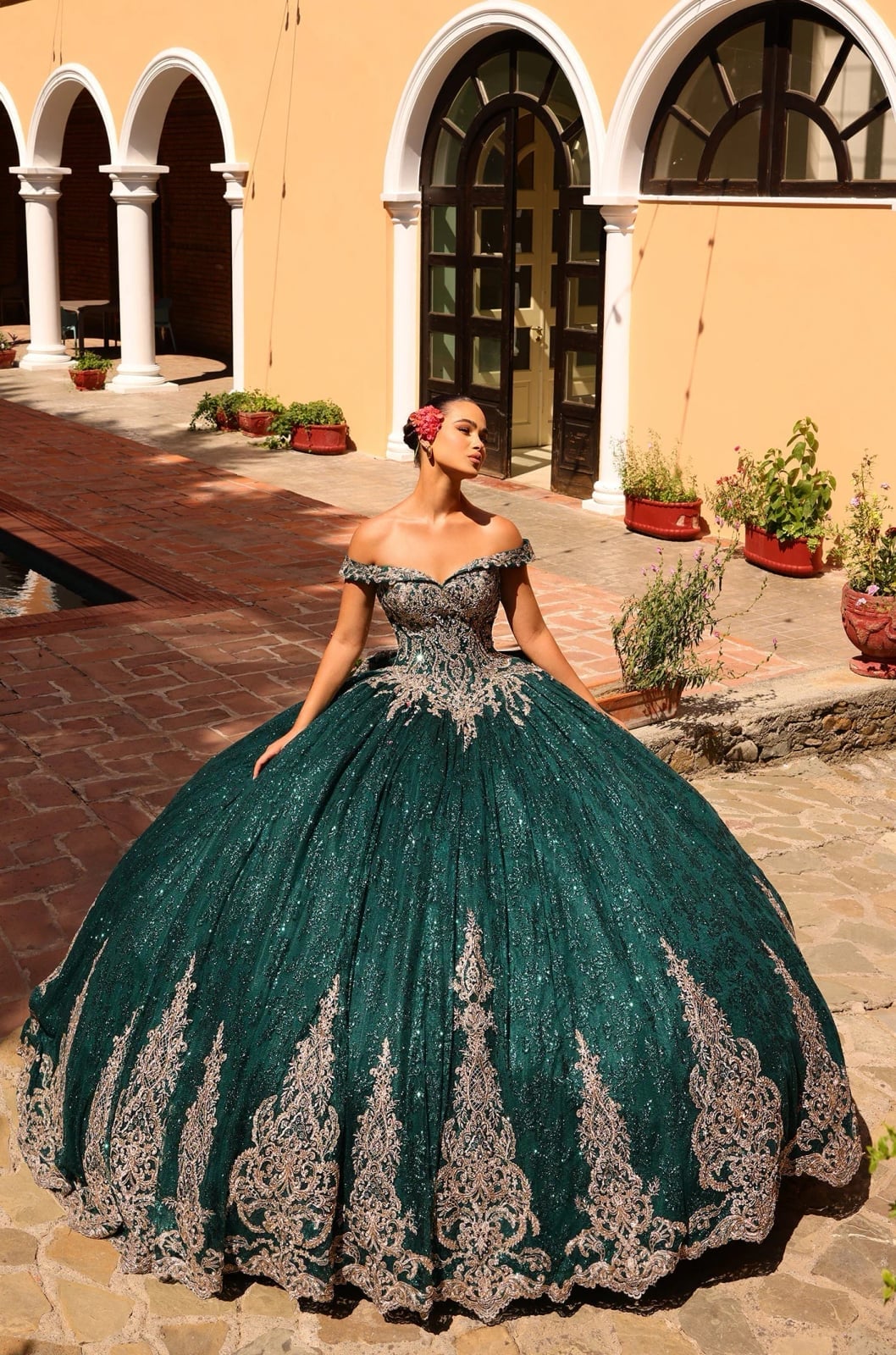 Ball gown with gold metallic embroidery on the skirt hem Ball gown with gold metallic embroidery on the skirt hem — Emerald Green Quinceanera Dress 2027