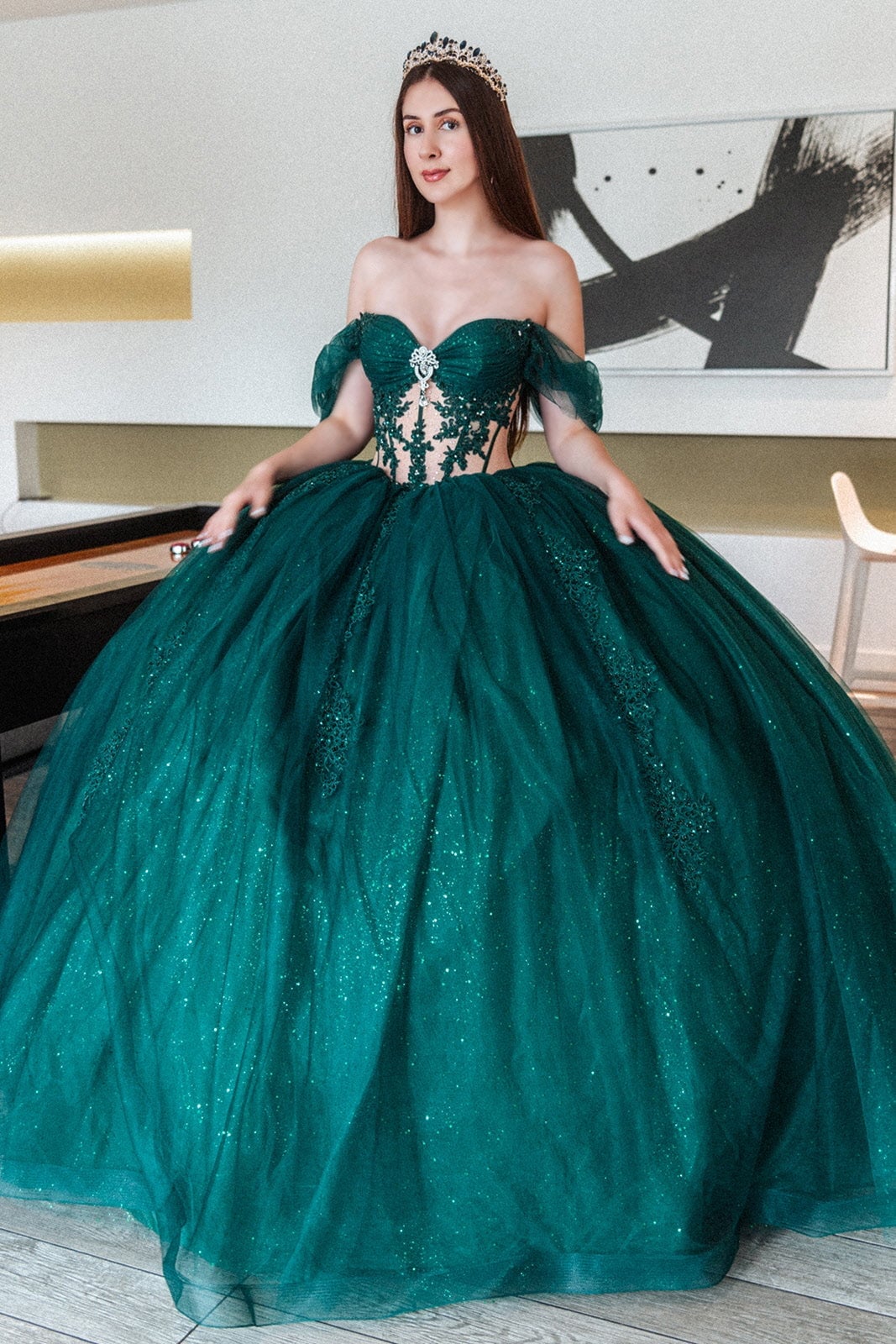 Glitter tulle ballgown with intricate beading Glitter tulle ballgown with intricate beading — Emerald Green Quinceanera Dress 2027