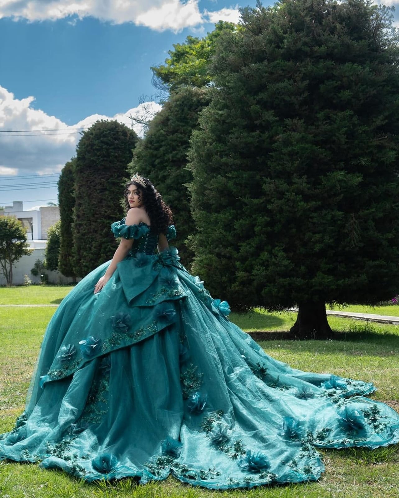 Teal green ballgown with floral appliques and train Teal green ballgown with floral appliques and train — Emerald Green Quinceanera Dress 2027
