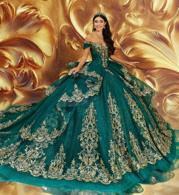Ball gown with layered skirt and gold embroidery, Everyday Version Ball gown with layered skirt and gold embroidery, Everyday Version — Emerald Green Quinceanera Dress 2027