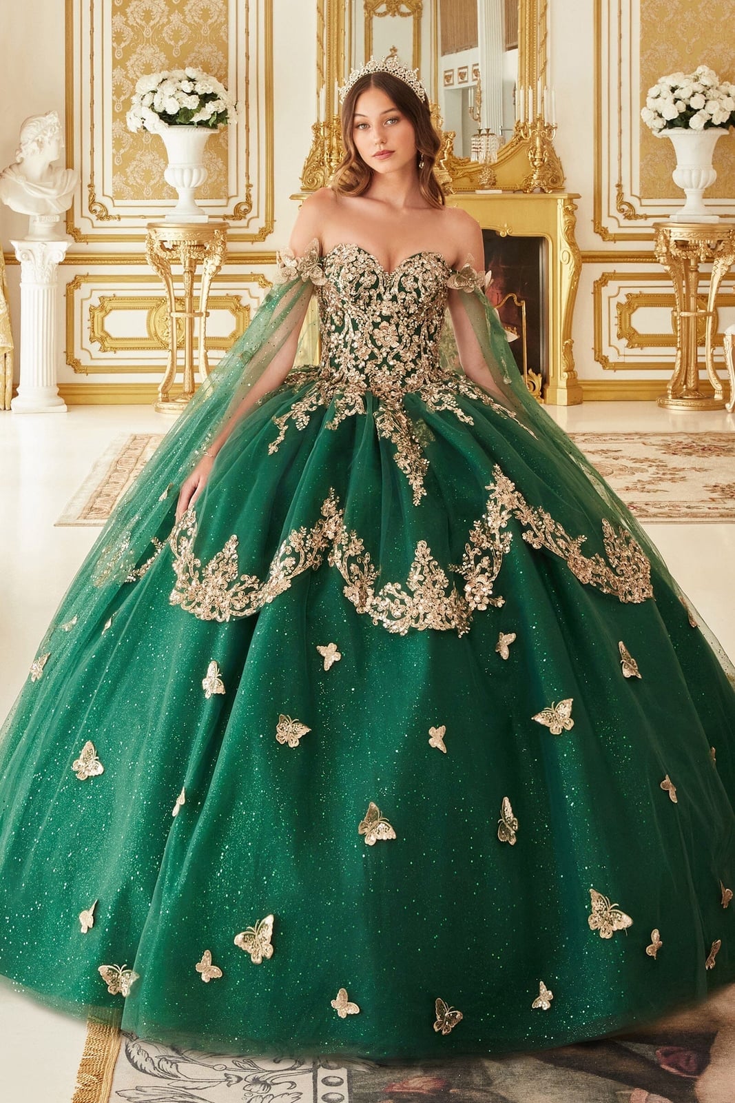 Ball gown with butterfly cutouts and glitter, Off-Shoulder Sleeves Ball gown with butterfly cutouts and glitter, Off-Shoulder Sleeves — Emerald Green Quinceanera Dress 2027
