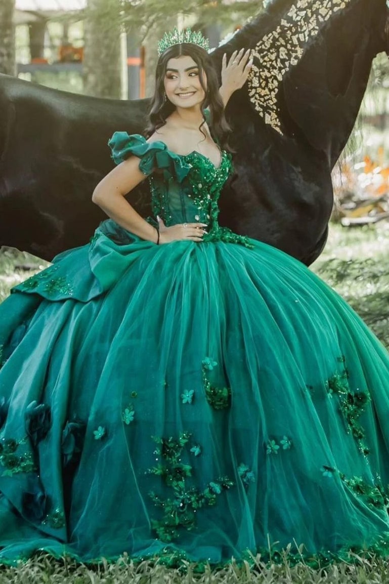 Ballgown with 3D floral appliques, Off-The-Shoulder Neckline Ballgown with 3D floral appliques, Off-The-Shoulder Neckline — Emerald Green Quinceanera Dress 2027
