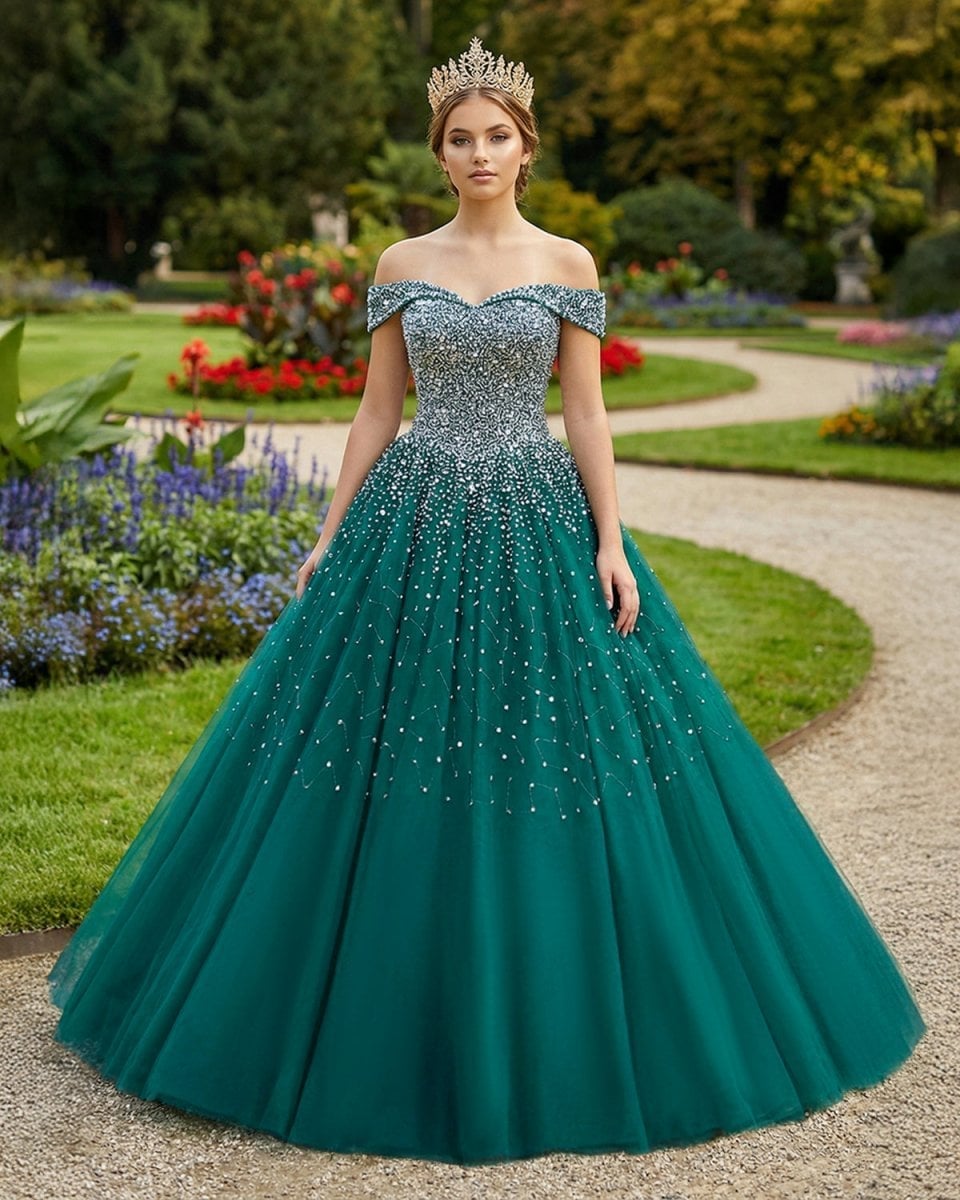 Off-shoulder ballgown with sparkling beaded bodice Off-shoulder ballgown with sparkling beaded bodice — Emerald Green Quinceanera Dress 2027