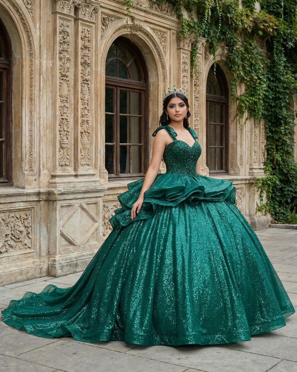 Sequined ball gown with lace appliques, Close-Up Take Sequined ball gown with lace appliques, Close-Up Take — Emerald Green Quinceanera Dress 2027