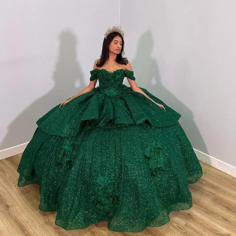 Ballgown with 3D floral appliques and tiered skirt, She Wears A Crown Ballgown with 3D floral appliques and tiered skirt, She Wears A Crown — Emerald Green Quinceanera Dress 2027