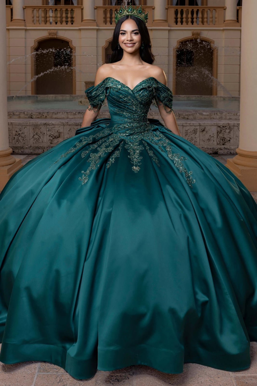 Satin ball gown with gold embroidery, Crown, Full Body Framing Satin ball gown with gold embroidery, Crown, Full Body Framing — Emerald Green Quinceanera Dress 2027