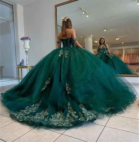 Ball gown with gold lace and sequin embellishments, Close-Up Take Ball gown with gold lace and sequin embellishments, Close-Up Take — Emerald Green Quinceanera Dress 2027