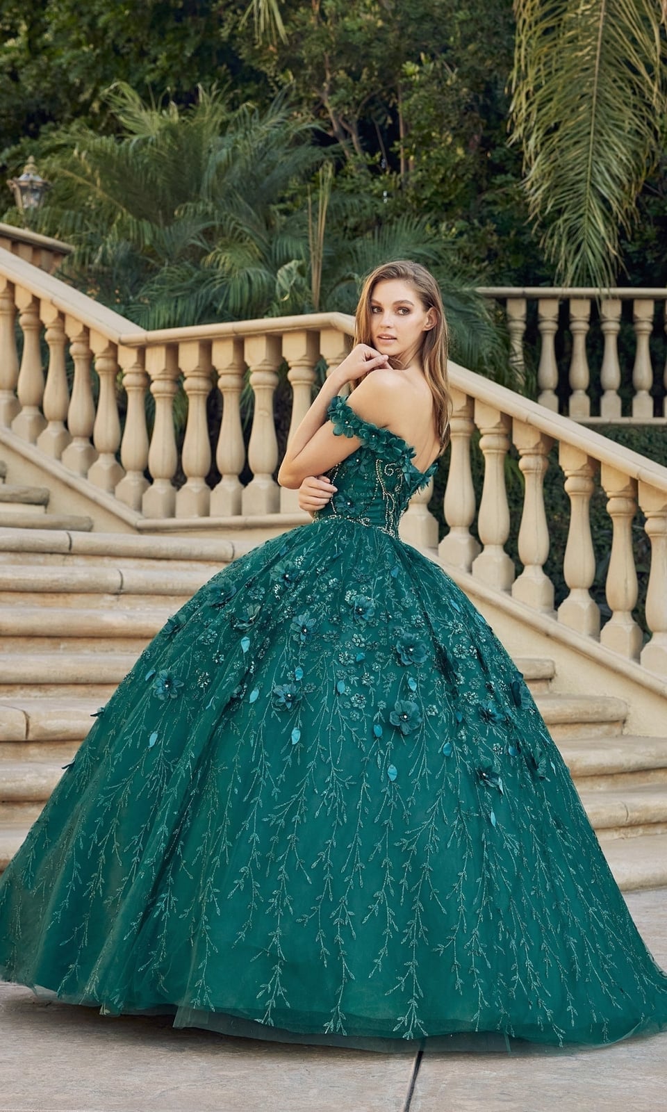 Ball gown with floral appliqués and beading, Close-Up Take Ball gown with floral appliqués and beading, Close-Up Take — Emerald Green Quinceanera Dress 2027