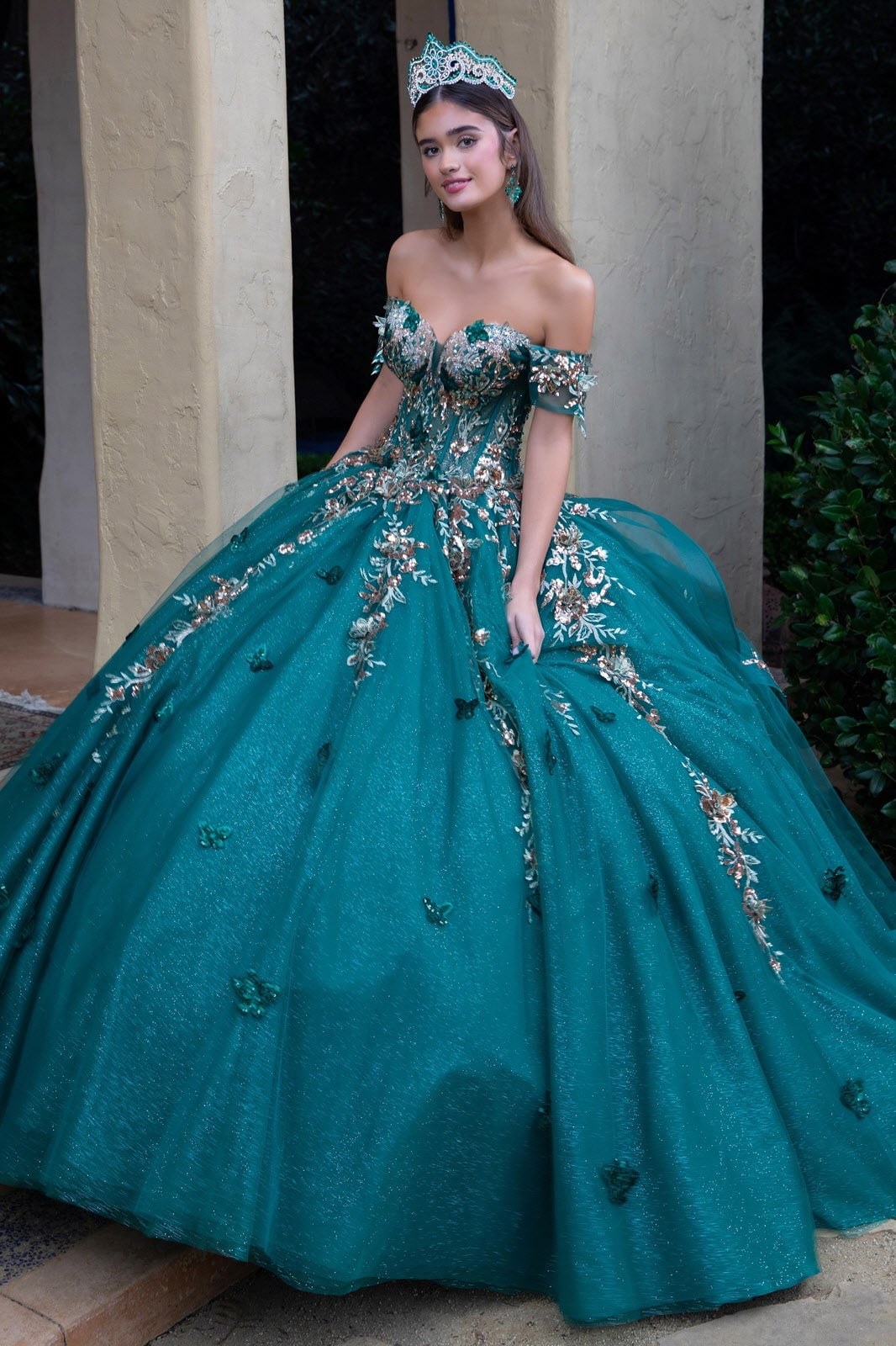 Ball gown with 3D floral appliqués and sequins, Tulle Ball gown with 3D floral appliqués and sequins, Tulle — Emerald Green Quinceanera Dress 2027