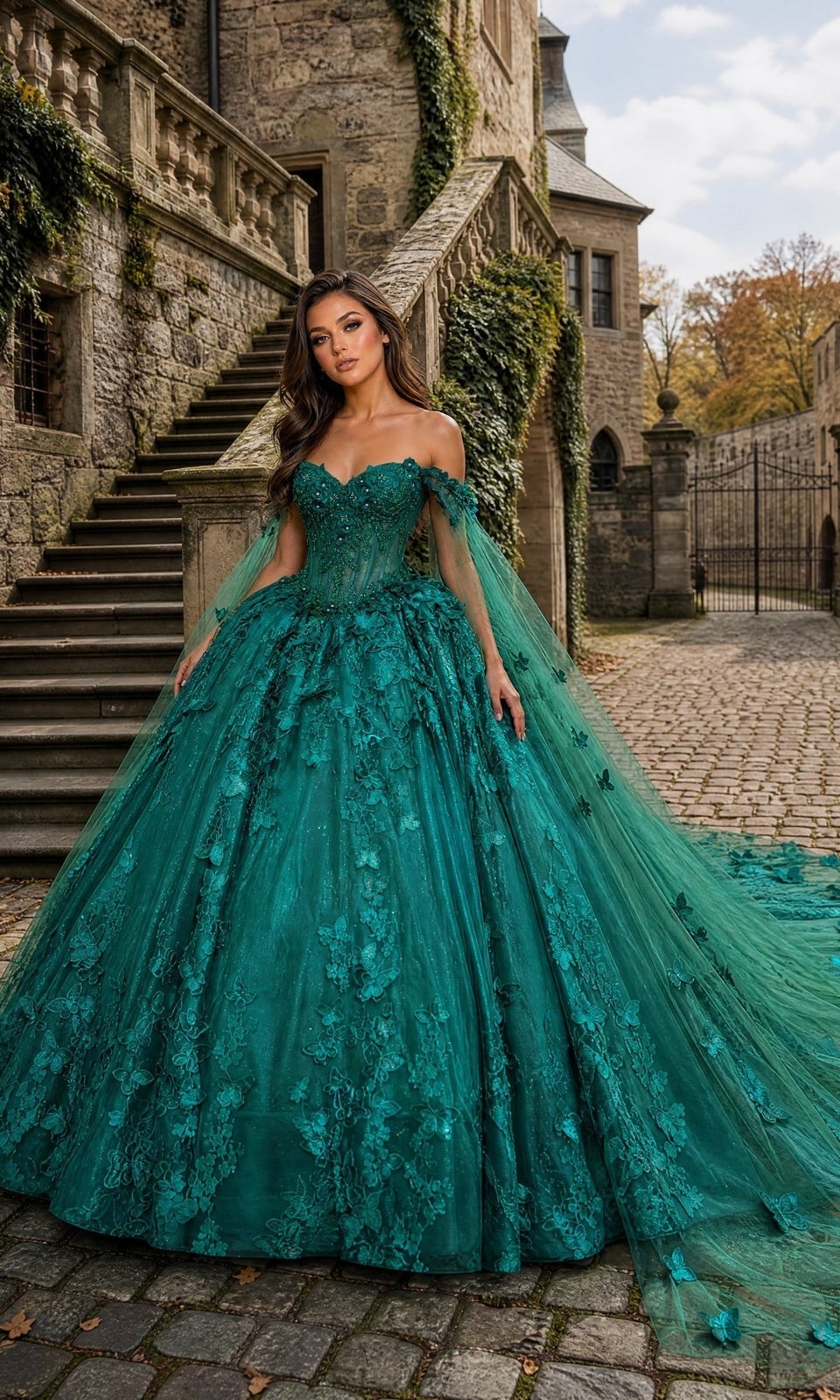 Ball gown with off-shoulder cape sleeves and butterfly appliqués Ball gown with off-shoulder cape sleeves and butterfly appliqués — Emerald Green Quinceanera Dress 2027
