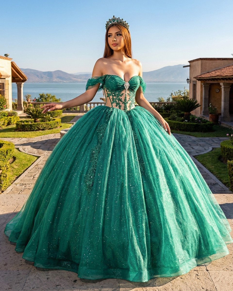 Outdoor quinceañera ball gown with gold beading Outdoor quinceañera ball gown with gold beading — Emerald Green Quinceanera Dress 2027
