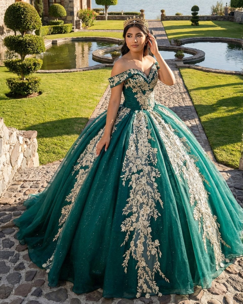 Emerald green ball gown with gold embroidery Emerald green ball gown with gold embroidery — Emerald Green Quinceanera Dress 2027