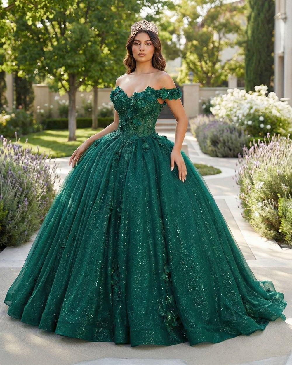 Garden ball gown with floral appliqués Garden ball gown with floral appliqués — Emerald Green Quinceanera Dress 2027