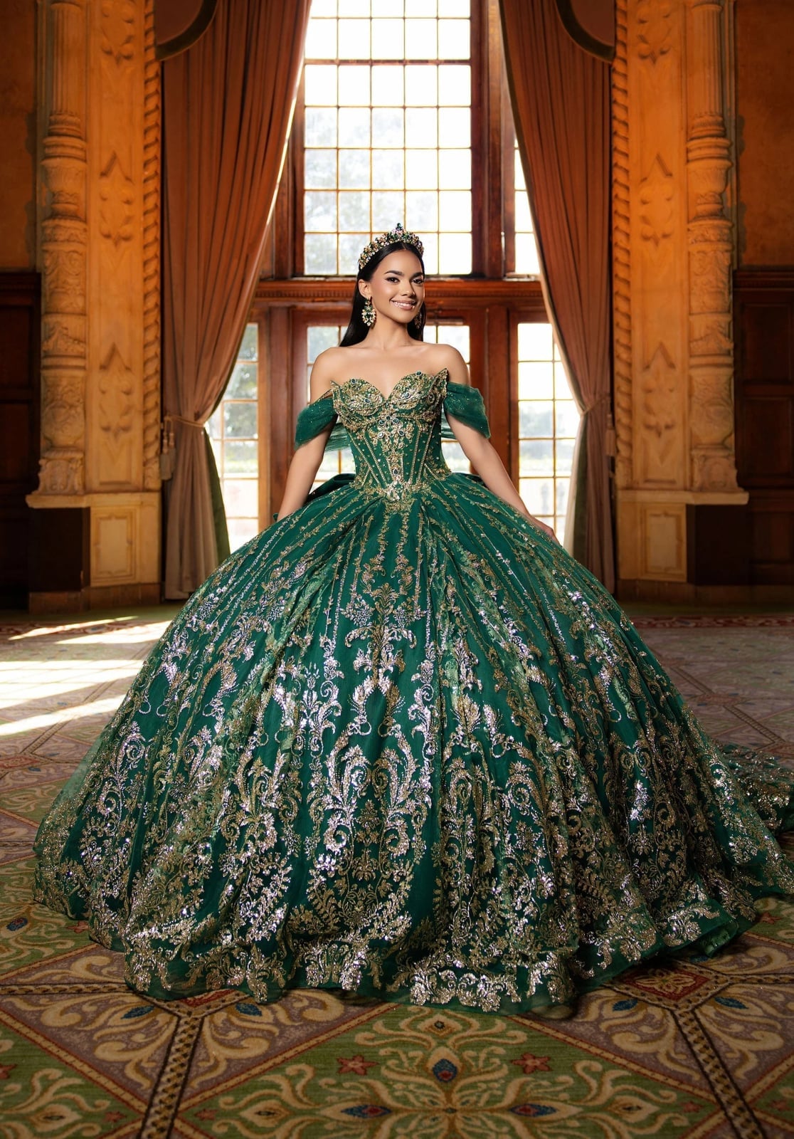Emerald green satin and tulle ball gown with embellishments Emerald green satin and tulle ball gown with embellishments — Emerald Green Quinceanera Dress 2027