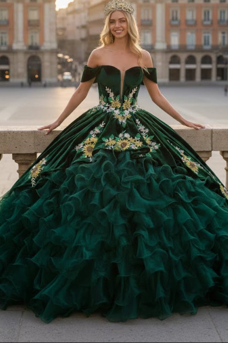 Ball gown with velvet bodice and floral embroidery Ball gown with velvet bodice and floral embroidery — Emerald Green Quinceanera Dress 2027