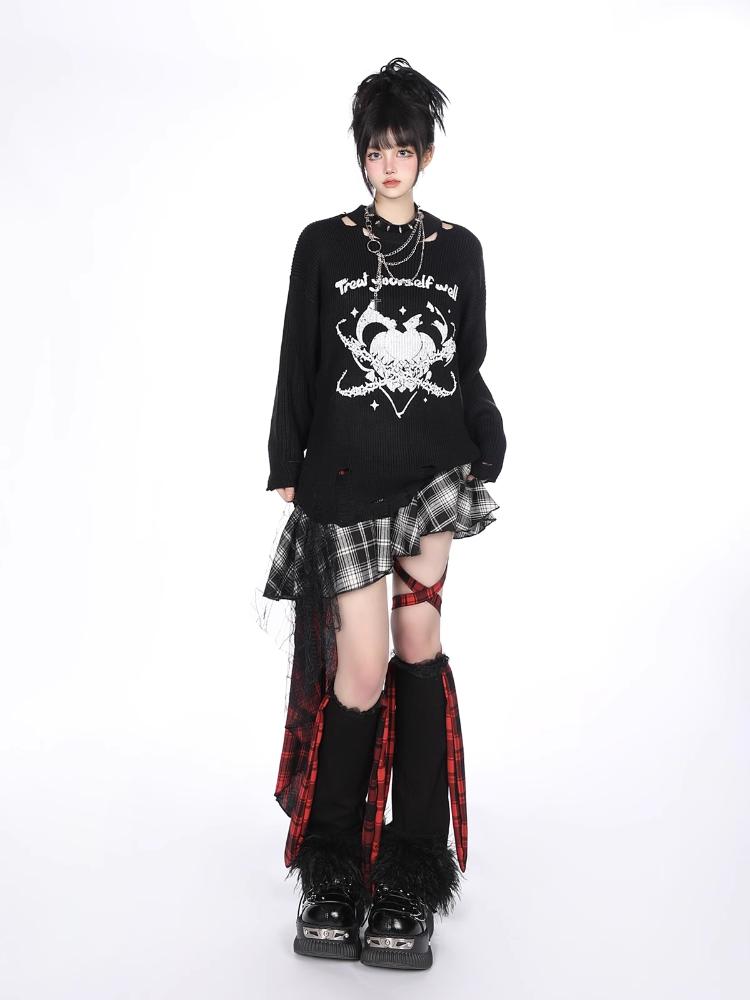 Red Plaid Mini Skirt With Ripped Sweater Red Plaid Mini Skirt With Ripped Sweater — Emo Plaid Outfits 2027