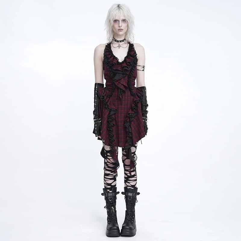 Gothic Plaid Mini Dress With Ruffles And Lace, Black Platform Boots Gothic Plaid Mini Dress With Ruffles And Lace, Black Platform Boots — Emo Plaid Outfits 2027