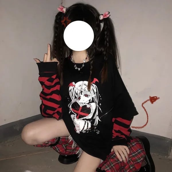 Red Black Plaid Skirt With Graphic Long Sleeve, Office-Safe Version Red Black Plaid Skirt With Graphic Long Sleeve, Office-Safe Version — Emo Plaid Outfits 2027