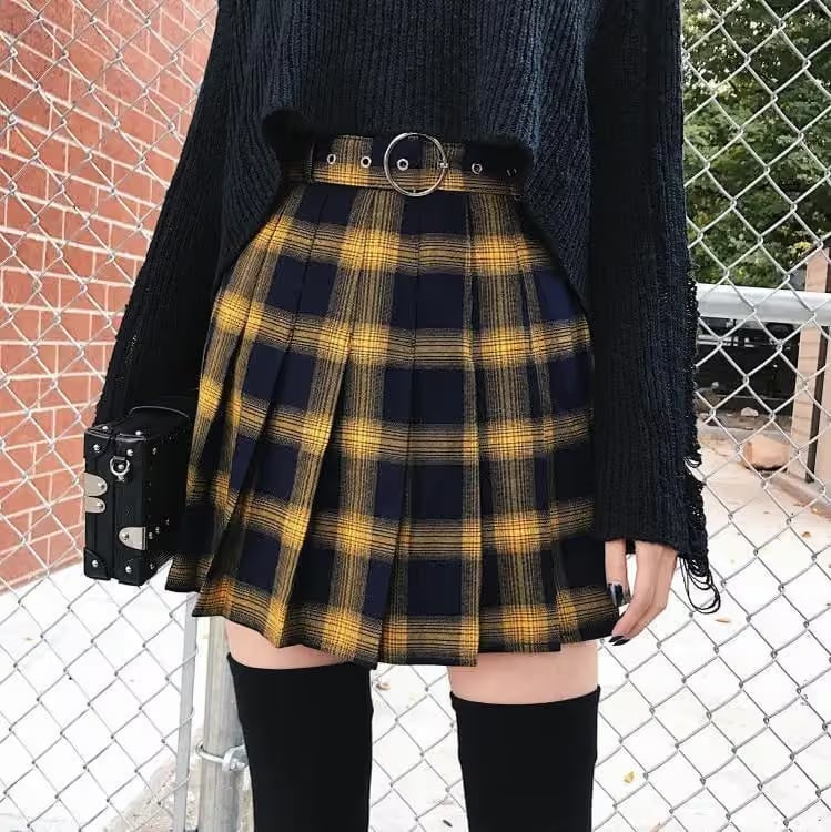 Yellow Navy Plaid Skirt With Distressed Sweater, Black Knee-High Socks Yellow Navy Plaid Skirt With Distressed Sweater, Black Knee-High Socks — Emo Plaid Outfits 2027