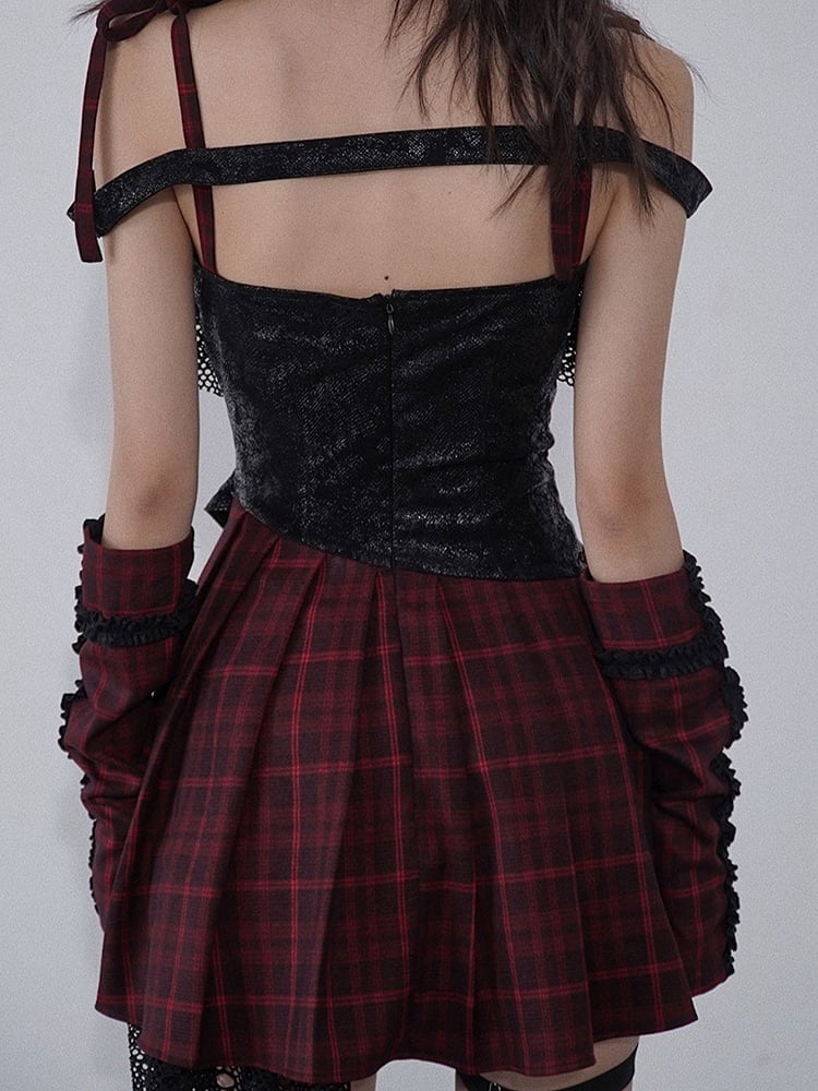 Red Black Plaid Pleated Skirt With Lace Arm, Office-Safe Version Red Black Plaid Pleated Skirt With Lace Arm, Office-Safe Version — Emo Plaid Outfits 2027