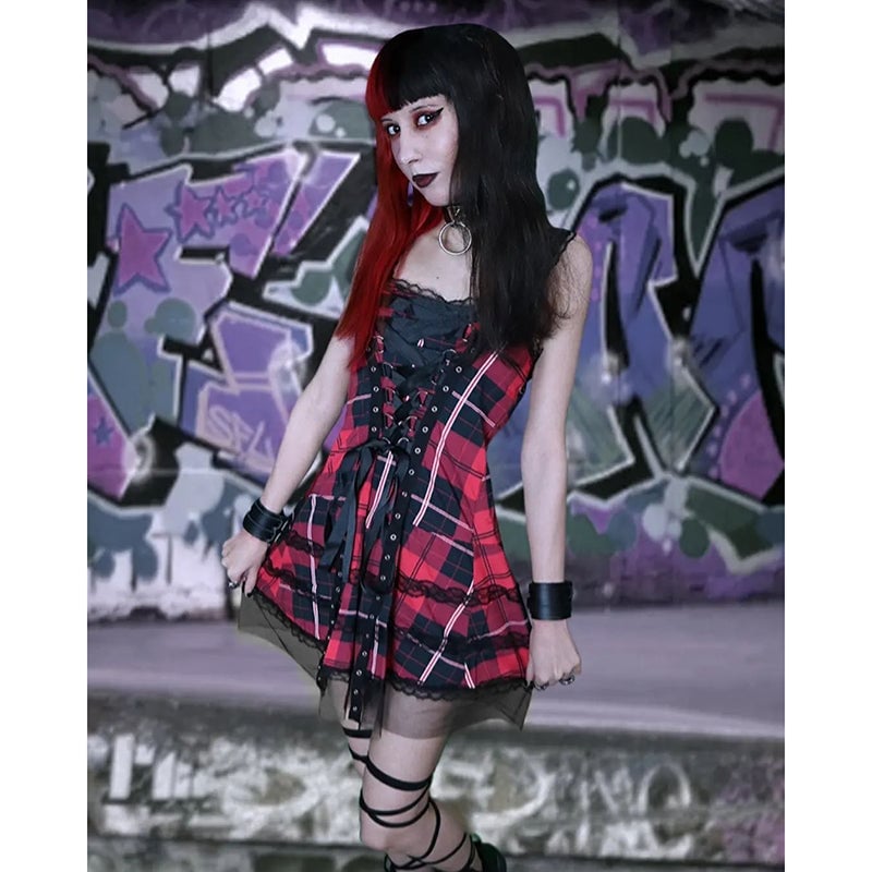 Red Plaid Corset Dress With Lace Trim Red Plaid Corset Dress With Lace Trim — Emo Plaid Outfits 2027