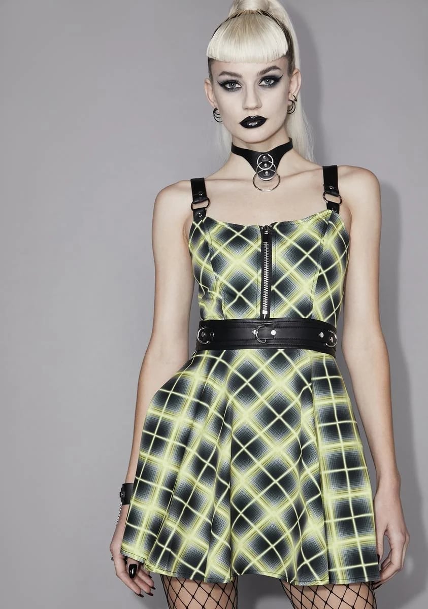 Yellow Black Plaid Mini Dress With Zipper Yellow Black Plaid Mini Dress With Zipper — Emo Plaid Outfits 2027