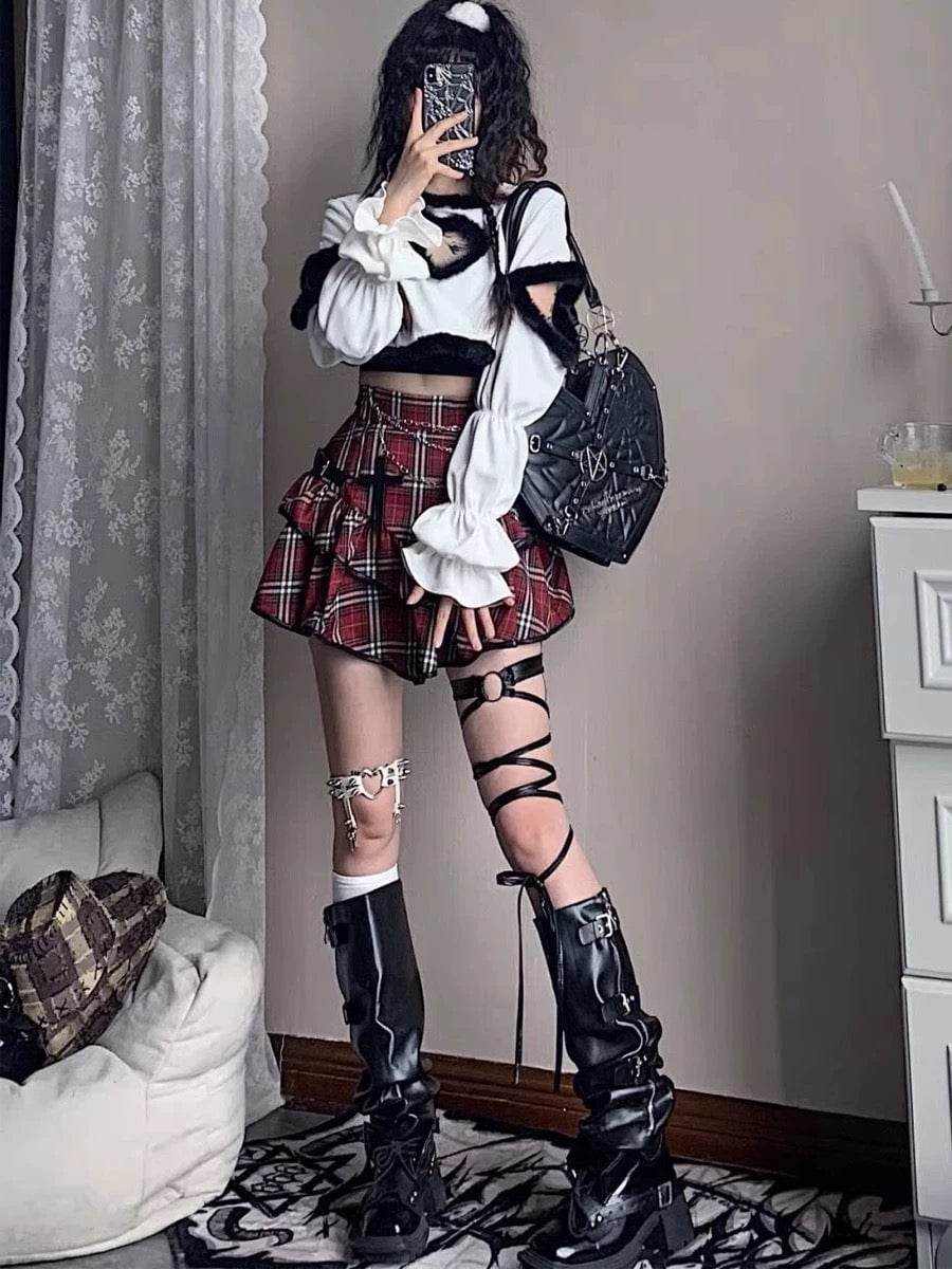 Red Plaid Tiered Skirt With Ruffled Top Red Plaid Tiered Skirt With Ruffled Top — Emo Plaid Outfits 2027